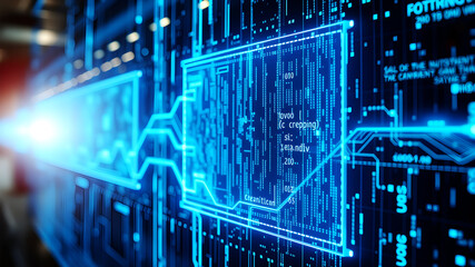 A 3D matrix of glowing blue data streams flowing between translucent digital screens in a futuristic interface
