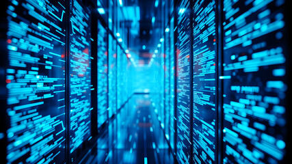 A 3D matrix of glowing blue data streams flowing between translucent digital screens in a futuristic interface