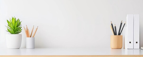 Minimalistic desk with few accessories and a green plant, eco-friendly productivity corner, clean design