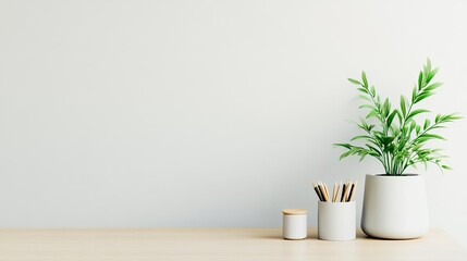 Minimalistic desk with few accessories and a green plant, eco-friendly productivity corner, clean design