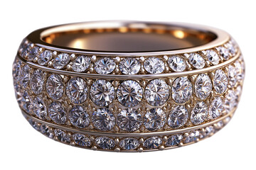A stunning close-up of an elegant gold ring adorned with multiple rows of dazzling round-cut diamonds.