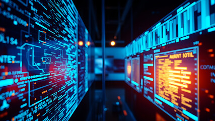 A 3D matrix of glowing blue data streams flowing between translucent digital screens in a futuristic interface