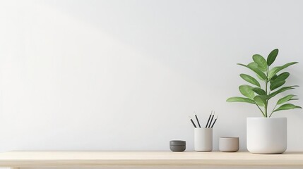 Minimalistic desk with few accessories and a green plant, eco-friendly productivity corner, clean design