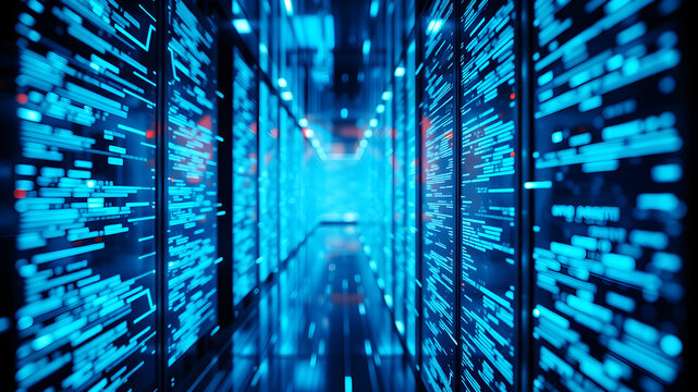 A 3D matrix of glowing blue data streams flowing between translucent digital screens in a futuristic interface