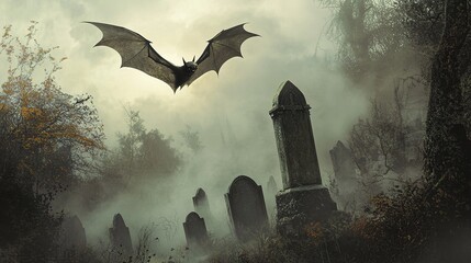 A Halloween bat flying low over a graveyard, with tombstones and fog in the background.A Halloween bat flying low over a graveyard, with tombstones and fog in the background.