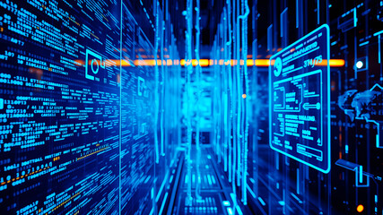 A 3D matrix of glowing blue data streams flowing between translucent digital screens in a futuristic interface