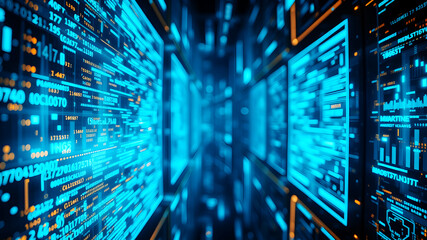 A 3D matrix of glowing blue data streams flowing between translucent digital screens in a futuristic interface