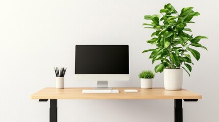 Modern home office with a standing desk and greenery, ergonomic setup, health and productivity