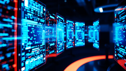 A 3D matrix of glowing blue data streams flowing between translucent digital screens in a futuristic interface