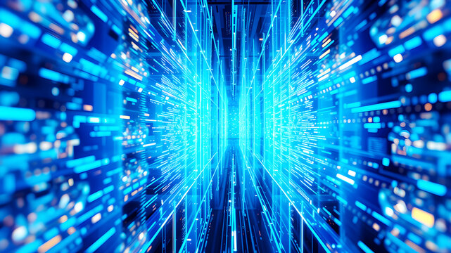 A 3D matrix of glowing blue data streams flowing between translucent digital screens in a futuristic interface