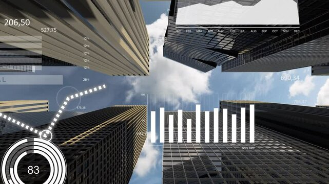 Annual report infographic on dividends and earnings of financial corporations and venture capital funds in the form of graphs, bar charts and pie charts against a backdrop of glass skyscrapers, render
