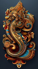 Fototapeta premium Intricate Ornamental Golden and Blue Abstract Design with Floral Motifs