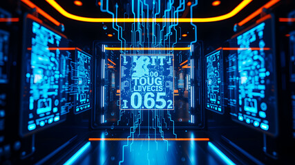 A 3D matrix of glowing blue data streams flowing between translucent digital screens in a futuristic interface