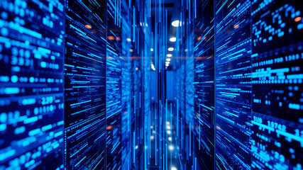 A 3D matrix of glowing blue data streams flowing between translucent digital screens in a futuristic interface