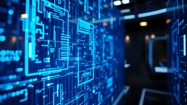 A 3D matrix of glowing blue data streams flowing between translucent digital screens in a futuristic interface