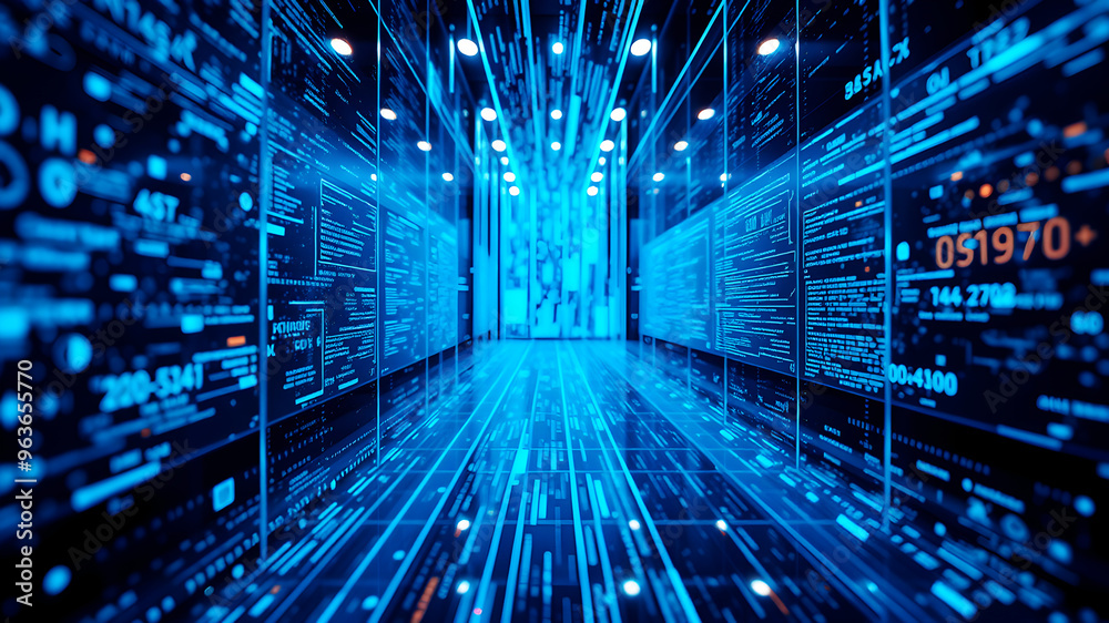 Wall mural a 3d matrix of glowing blue data streams flowing between translucent digital screens in a futuristic