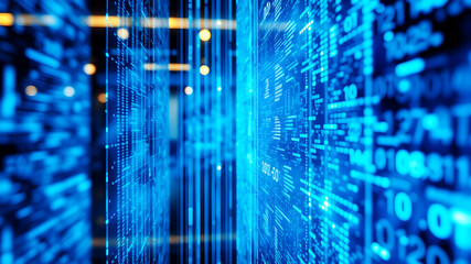A 3D matrix of glowing blue data streams flowing between translucent digital screens in a futuristic interface
