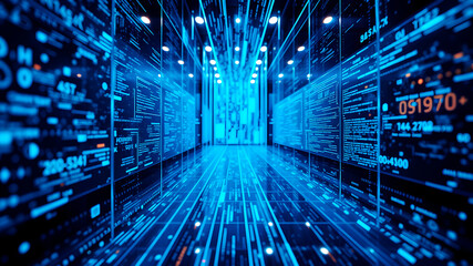 A 3D matrix of glowing blue data streams flowing between translucent digital screens in a futuristic interface