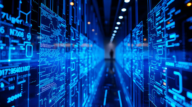 A 3D matrix of glowing blue data streams flowing between translucent digital screens in a futuristic interface