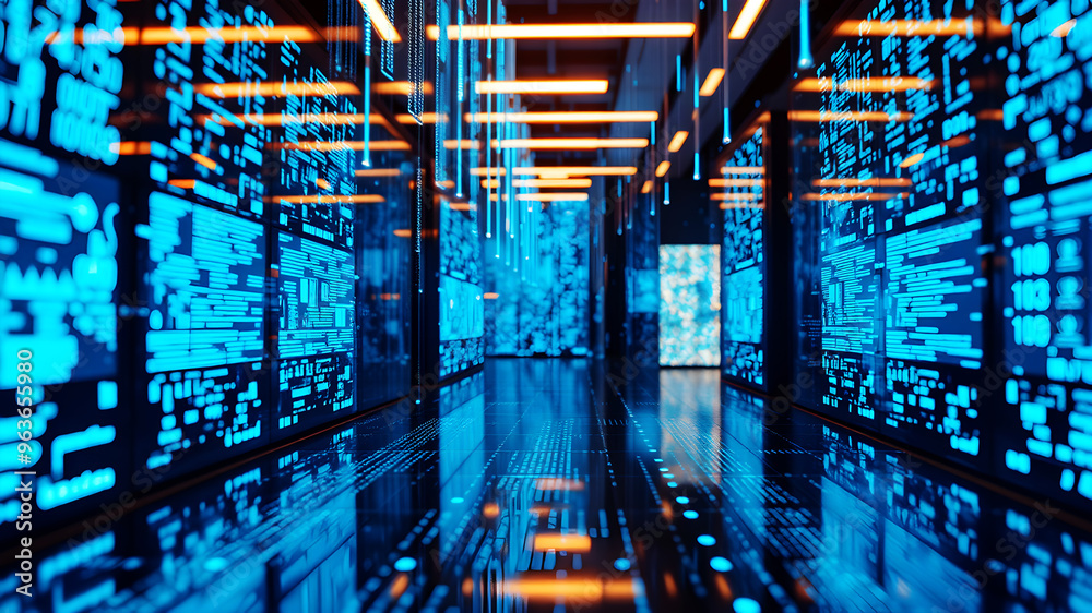 Wall mural a 3d matrix of glowing blue data streams flowing between translucent digital screens in a futuristic
