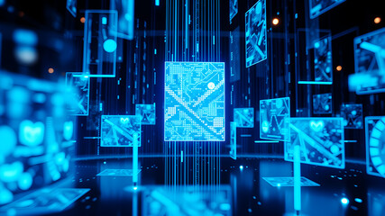 A 3D matrix of glowing blue data streams flowing between translucent digital screens in a futuristic interface