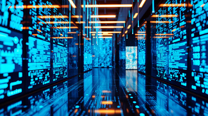 A 3D matrix of glowing blue data streams flowing between translucent digital screens in a futuristic interface