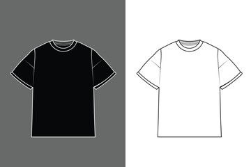 Vector basic black and white t-shirt mockup template. Front view t shirt set design. Blank textile print template for fashion clothing. Isolated on white and dark backgrounds.