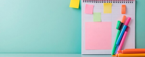 Stylish wall planner with colorful markers and sticky notes, visual organization, creative planning