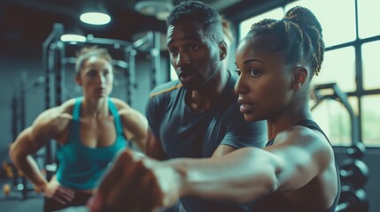 A personal trainer guiding a client in a gym