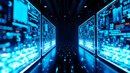 A 3D matrix of glowing blue data streams flowing between translucent digital screens in a futuristic interface