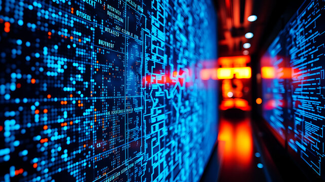 A 3D matrix of glowing blue data streams flowing between translucent digital screens in a futuristic interface