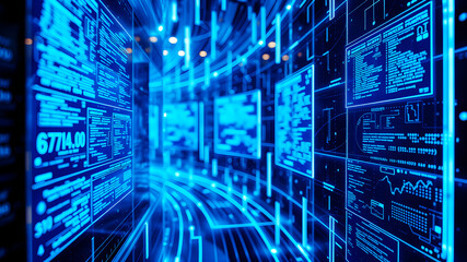 Fototapeta premium A 3D matrix of glowing blue data streams flowing between translucent digital screens in a futuristic interface