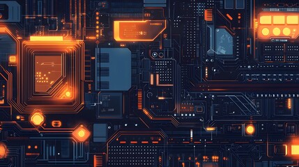Fototapeta premium Futuristic Circuit Board with Glowing Orange Lights.