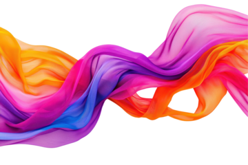 Multicolored chiffon fabric with smooth, flowing waves in shades of purple, pink, orange, and blue, creating a vibrant and dynamic texture. Isolated on transparent background, png.