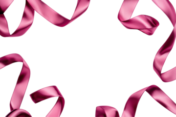 Pink satin ribbon with smooth, elegant curls forming loops and curves, creating a luxurious and decorative texture. Isolated on transparent background, png.
