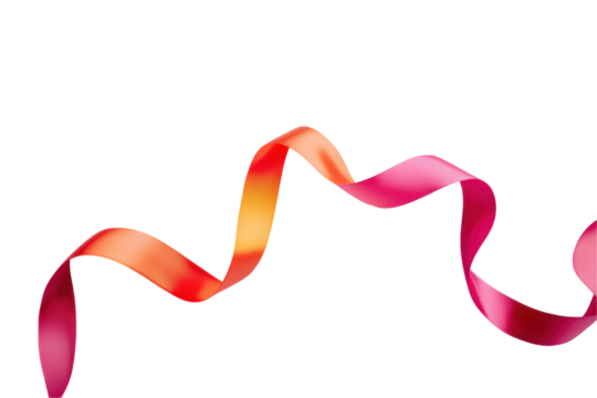 Orange and pink satin ribbon with smooth, flowing curls creating an elegant and dynamic texture, perfect for decoration and design. Isolated on transparent background, png.