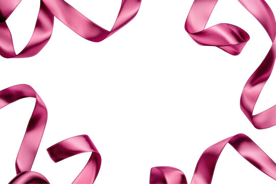 Pink satin ribbon with smooth, elegant curls forming loops and curves, creating a luxurious and decorative texture. Isolated on transparent background, png.