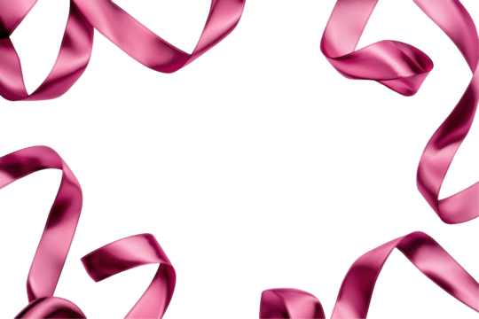 Pink satin ribbon with smooth, elegant curls forming loops and curves, creating a luxurious and decorative texture. Isolated on transparent background, png.