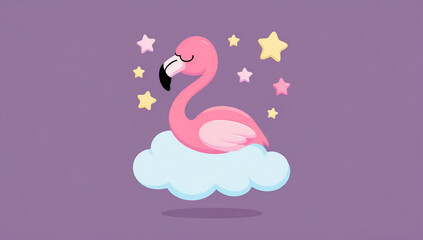 Little cartoon flamingo bird sleeping on a cloud, flat design illustration