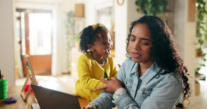 Remote work, child and attention from mother on laptop with behavior problem, distraction or overwhelmed in home. Freelancer, woman and energetic kid at dining table with noise, frustrated and chaos