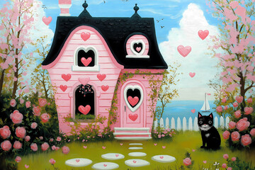 A simple, flat illustration of a pink house with heart-shaped doors and windows, set against a coastal background with a sailboat, ideal for decorative wallpaper.