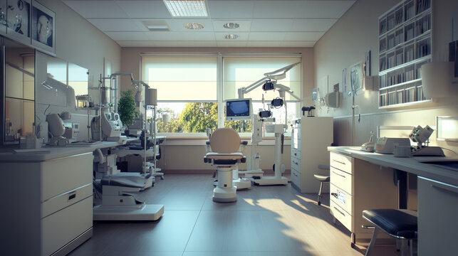 "Ophthalmological clinic featuring eye care services and a selection of glasses, with various optical equipment on display."