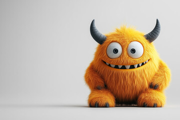 Fototapeta premium Friendly yellow monster toy with fur and horns