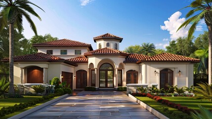 Obraz premium Mediterranean Style Home with Lush Landscaping