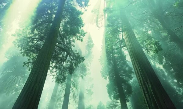 Towering giant sequoias in a misty forest, Video