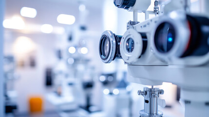 "Close-up of a fragment of an ophthalmic laser system in an eye surgery clinic, with selective focus."