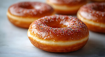 “Flat Lay of Colorful Doughnuts with Sprinkles on a White Background”
