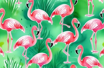 Obraz premium Vibrant flamingo pattern with tropical leaves and watercolor effect