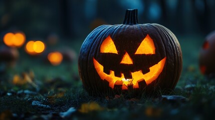 A Halloween jack-o'-lantern with a creepy grin, glowing in the dark.