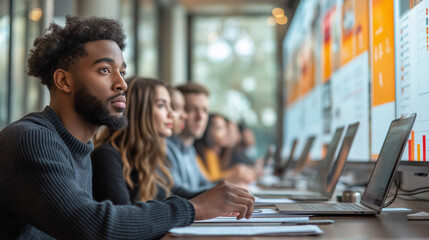 Fototapeta premium Focused Students in Modern Classroom Learning with Laptops and Interactive Data Screens